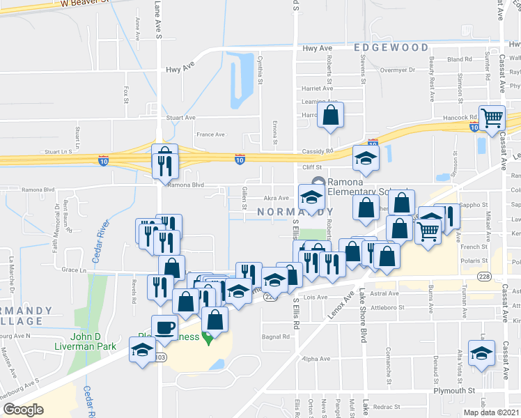 map of restaurants, bars, coffee shops, grocery stores, and more near 5687 Akra Avenue in Jacksonville