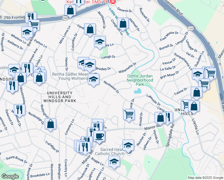 map of restaurants, bars, coffee shops, grocery stores, and more near 6412 Auburn Drive in Austin