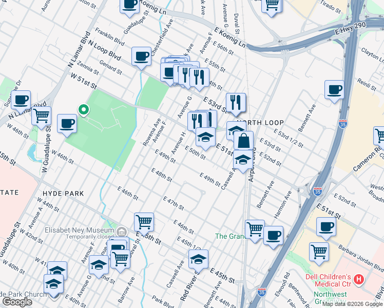 map of restaurants, bars, coffee shops, grocery stores, and more near 5004 Duval Street in Austin