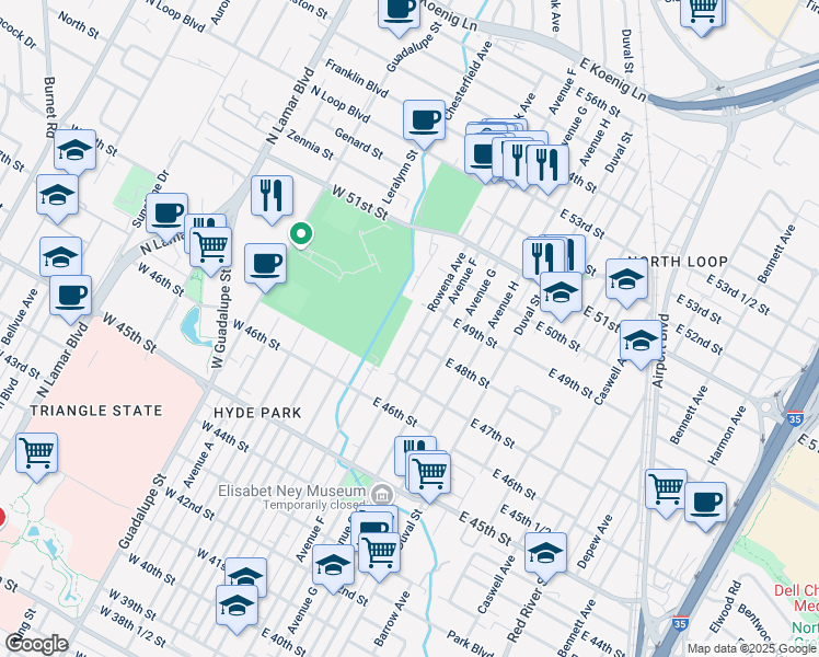 map of restaurants, bars, coffee shops, grocery stores, and more near 4810 Rowena Avenue in Austin