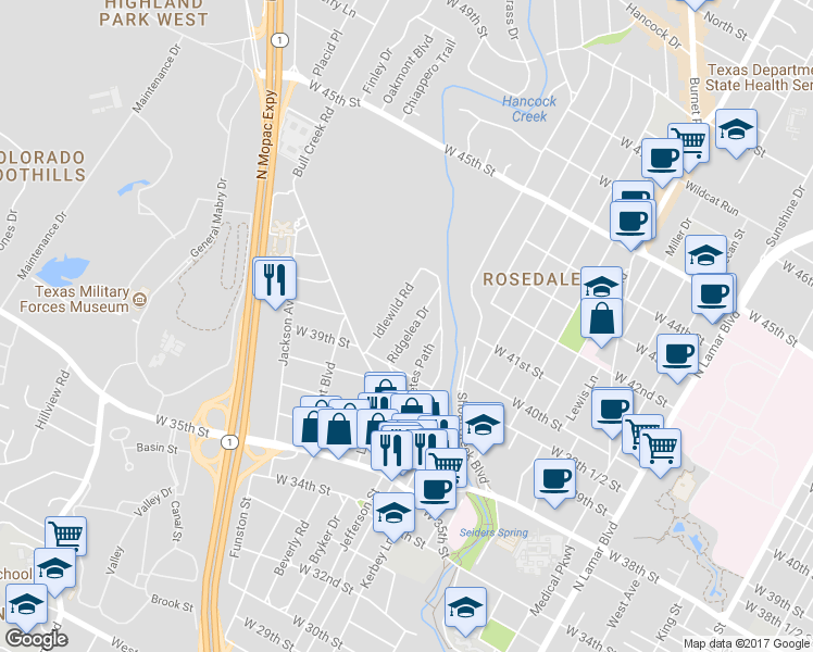 map of restaurants, bars, coffee shops, grocery stores, and more near 4012 Ridgelea Drive in Austin