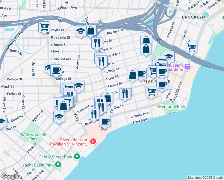 map of restaurants, bars, coffee shops, grocery stores, and more near 2337 Park Street in Jacksonville