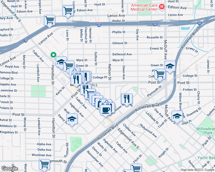 map of restaurants, bars, coffee shops, grocery stores, and more near 3515 Cypress Street in Jacksonville