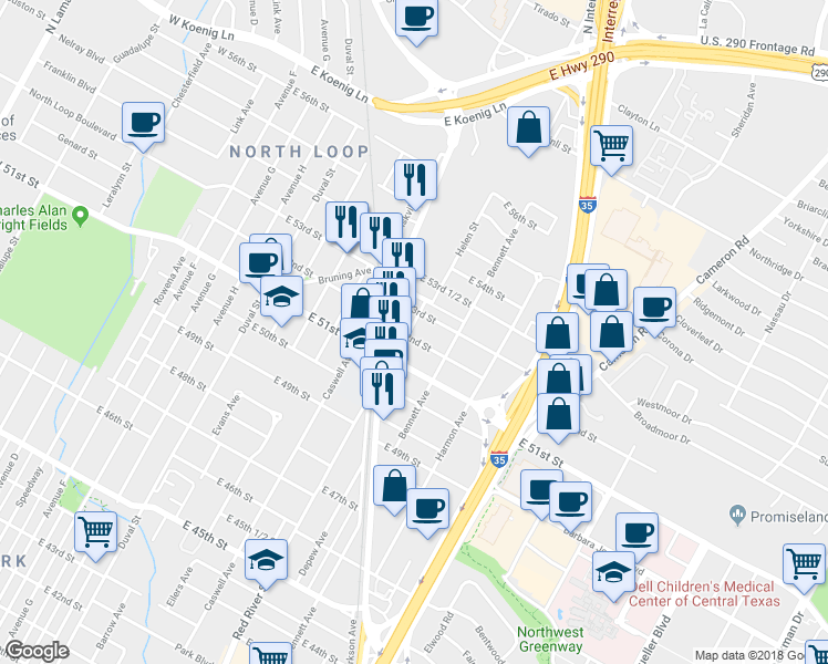 map of restaurants, bars, coffee shops, grocery stores, and more near 900 East 52nd Street in Austin