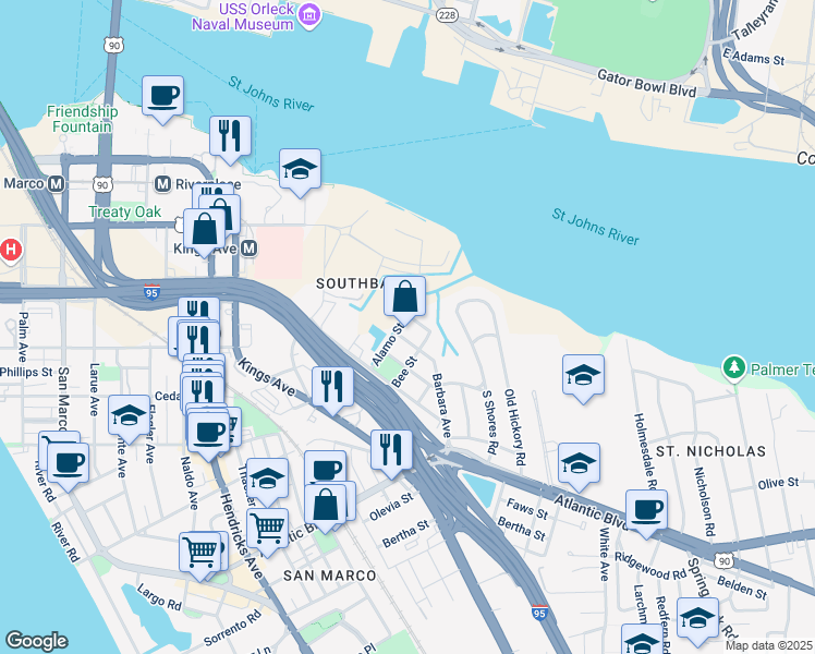 map of restaurants, bars, coffee shops, grocery stores, and more near 2006 Utah Avenue in Jacksonville