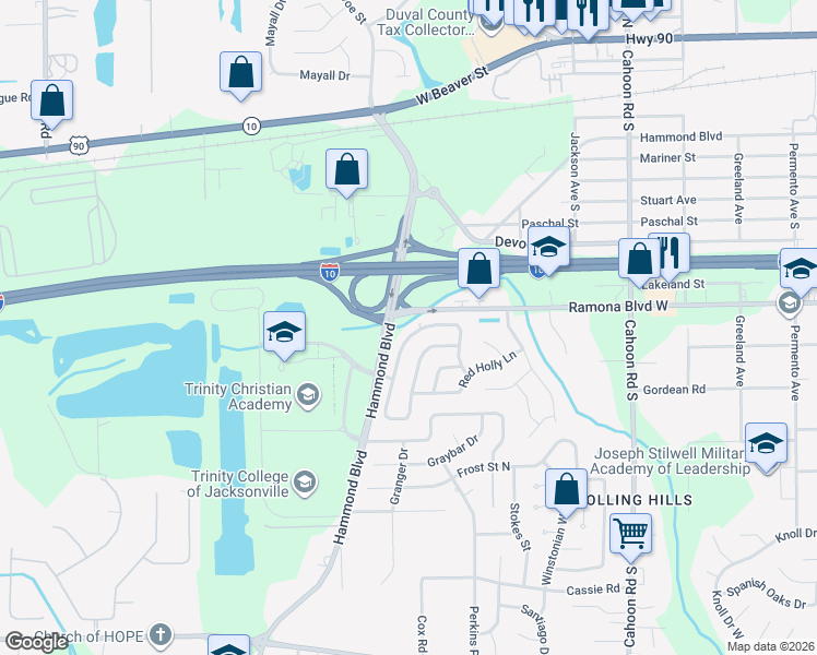 map of restaurants, bars, coffee shops, grocery stores, and more near 714 Hammond Boulevard in Jacksonville