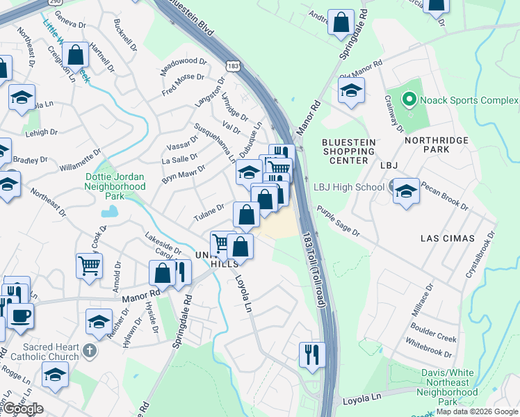 map of restaurants, bars, coffee shops, grocery stores, and more near 7000 Manor Road in Austin