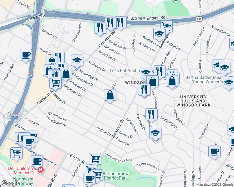 map of restaurants, bars, coffee shops, grocery stores, and more near 1500 Northridge Drive in Austin