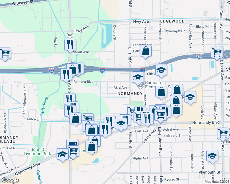 map of restaurants, bars, coffee shops, grocery stores, and more near 5687 Akra Avenue in Jacksonville