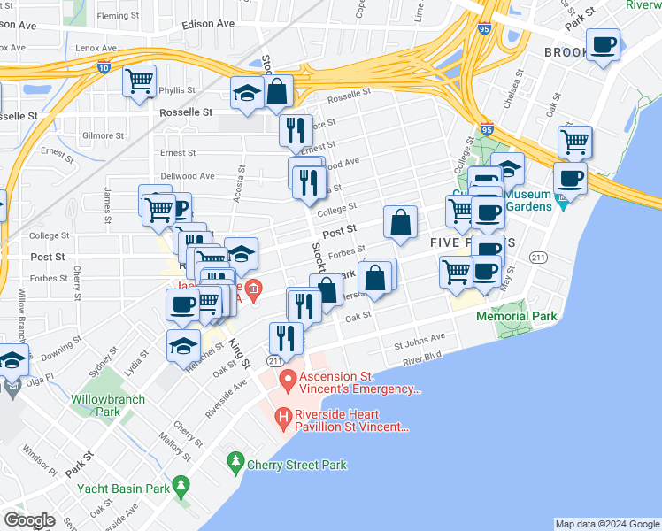 map of restaurants, bars, coffee shops, grocery stores, and more near 2348 Forbes Street in Jacksonville