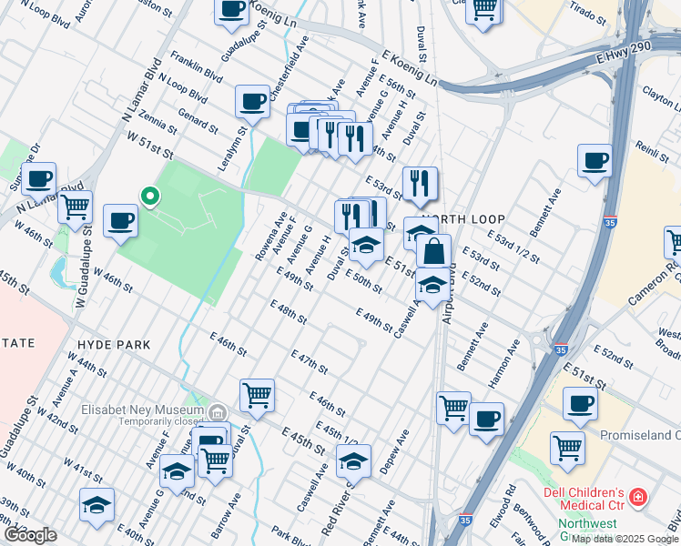 map of restaurants, bars, coffee shops, grocery stores, and more near 4911 Duval Street in Austin