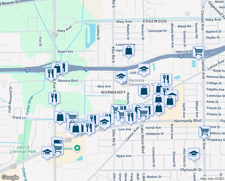 map of restaurants, bars, coffee shops, grocery stores, and more near 5607 Atlee Avenue in Jacksonville