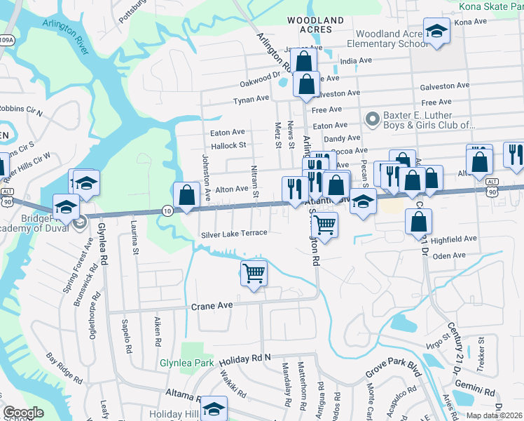 map of restaurants, bars, coffee shops, grocery stores, and more near 7227 Atlantic Boulevard in Jacksonville