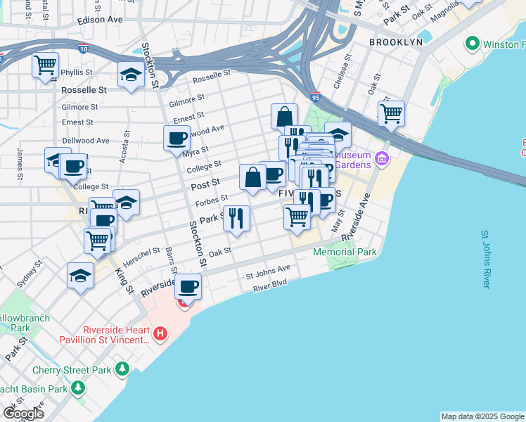 map of restaurants, bars, coffee shops, grocery stores, and more near 2121 Park Street in Jacksonville