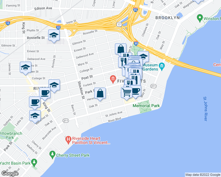 map of restaurants, bars, coffee shops, grocery stores, and more near 2121 Park Street in Jacksonville