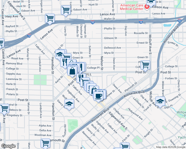 map of restaurants, bars, coffee shops, grocery stores, and more near 3551 Post Street in Jacksonville