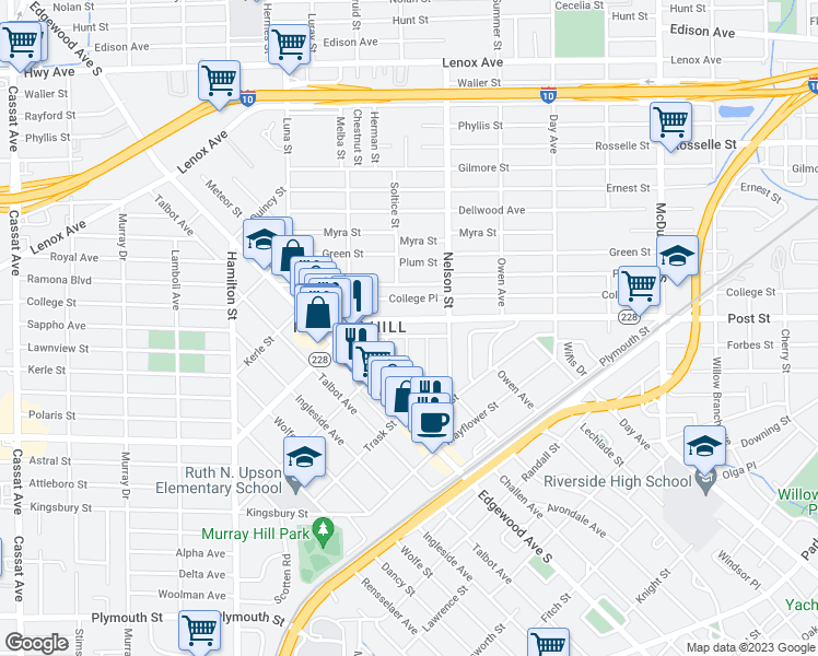 map of restaurants, bars, coffee shops, grocery stores, and more near 3551 Post Street in Jacksonville
