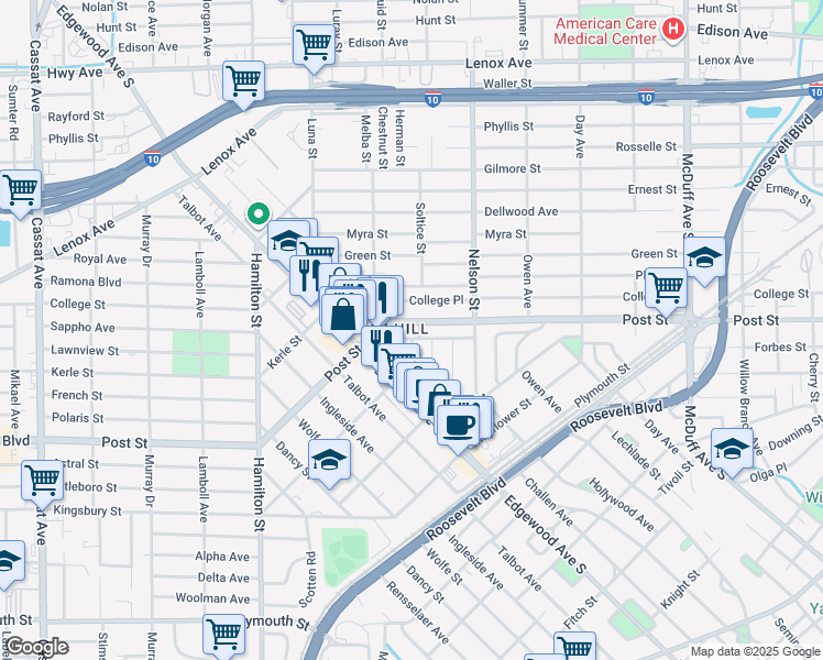 map of restaurants, bars, coffee shops, grocery stores, and more near 3551 Post Street in Jacksonville