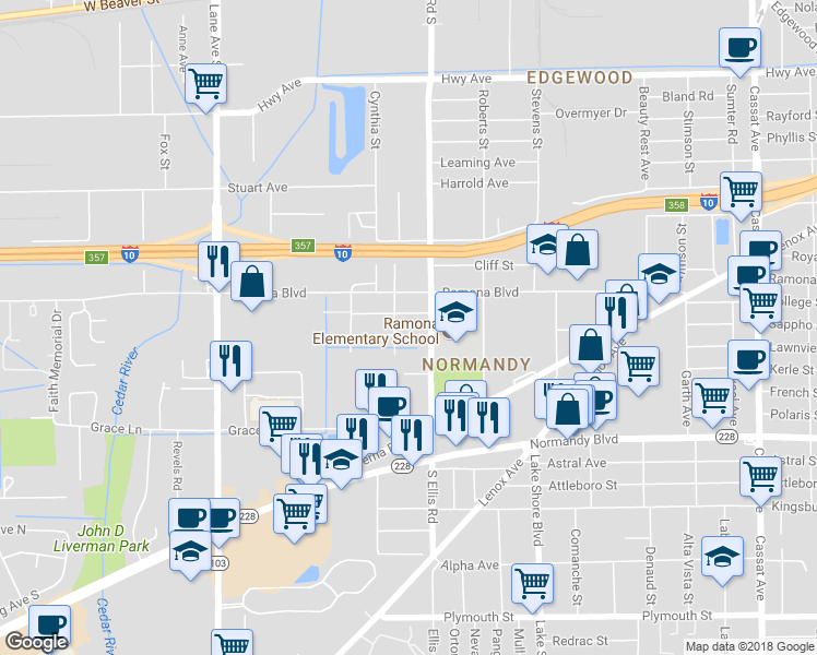 map of restaurants, bars, coffee shops, grocery stores, and more near 5623 Akra Avenue in Jacksonville