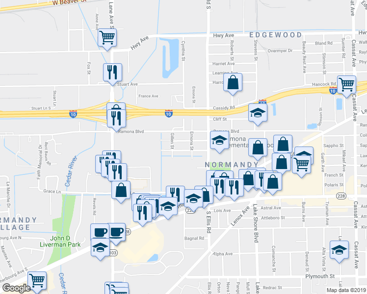 map of restaurants, bars, coffee shops, grocery stores, and more near 5687 Akra Avenue in Jacksonville