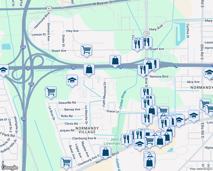 map of restaurants, bars, coffee shops, grocery stores, and more near 702 Bent Baum Road in Jacksonville