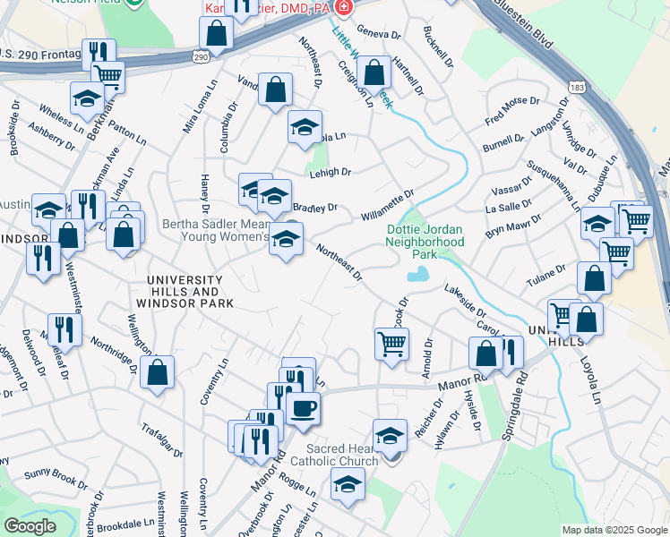 map of restaurants, bars, coffee shops, grocery stores, and more near 6412 Auburn Drive in Austin