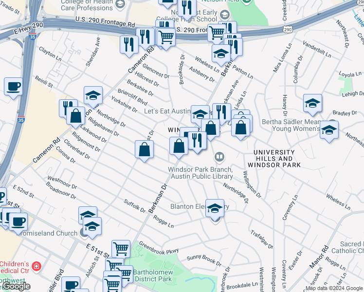 map of restaurants, bars, coffee shops, grocery stores, and more near 1609 Sweetbriar Avenue in Austin