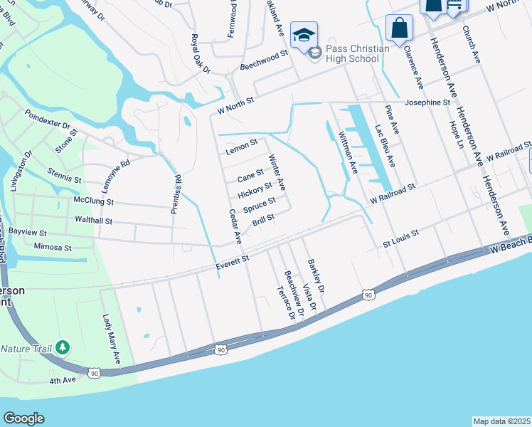 map of restaurants, bars, coffee shops, grocery stores, and more near 774 Brill Street in Pass Christian