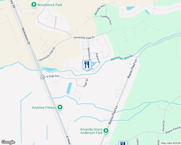 map of restaurants, bars, coffee shops, grocery stores, and more near 15557 Memoire Drive in Baton Rouge