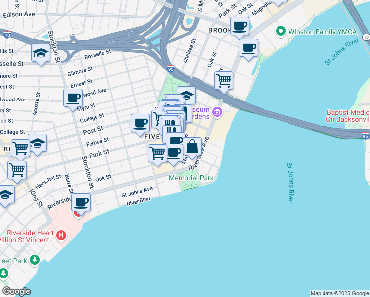 map of restaurants, bars, coffee shops, grocery stores, and more near 710 Lomax Street in Jacksonville