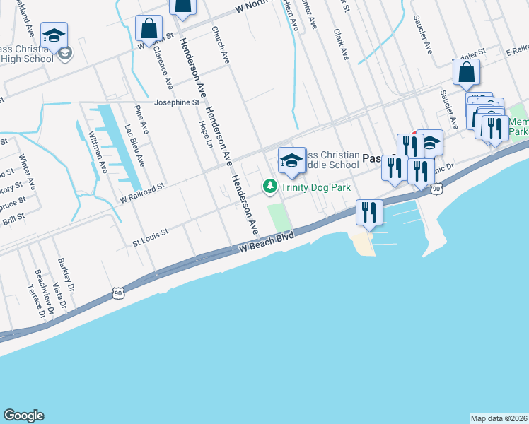 map of restaurants, bars, coffee shops, grocery stores, and more near 301-399 Saint Louis Street in Pass Christian