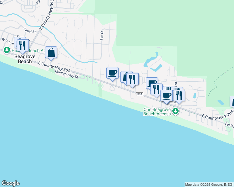 map of restaurants, bars, coffee shops, grocery stores, and more near 3604 East County Highway 30A in Santa Rosa Beach