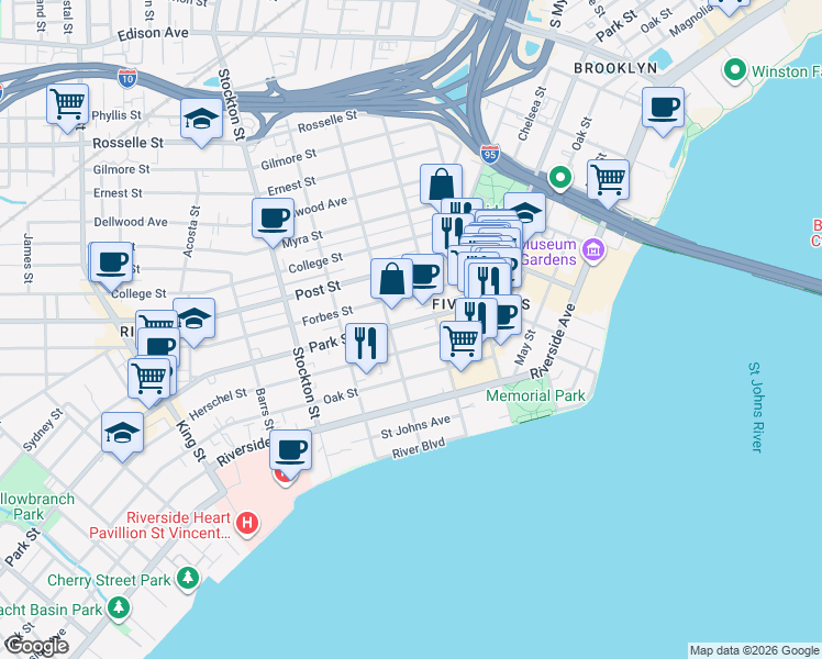 map of restaurants, bars, coffee shops, grocery stores, and more near 2142 Park Street in Jacksonville