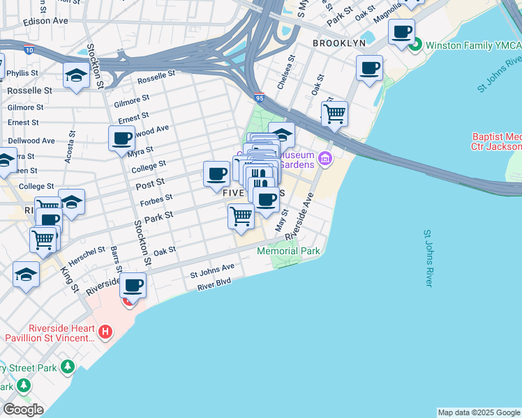 map of restaurants, bars, coffee shops, grocery stores, and more near in Jacksonville