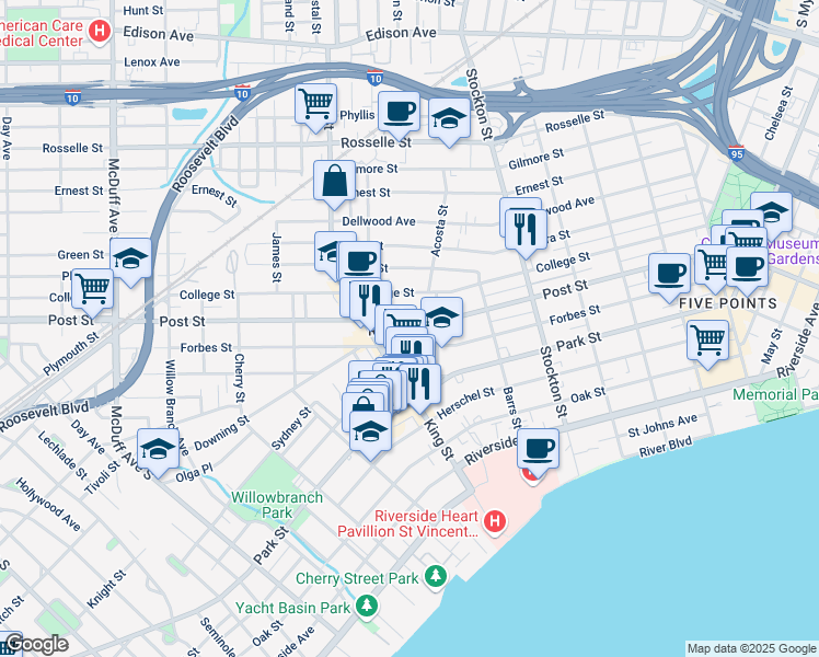 map of restaurants, bars, coffee shops, grocery stores, and more near in Jacksonville