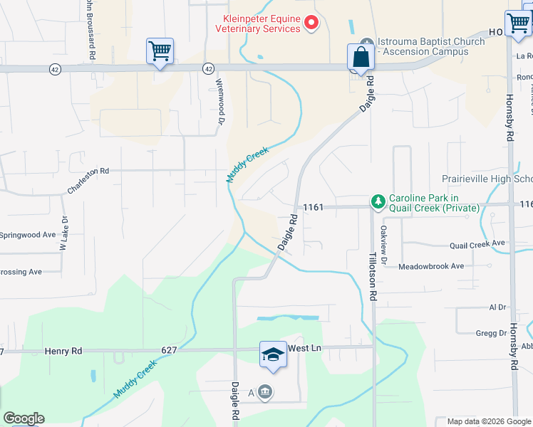 map of restaurants, bars, coffee shops, grocery stores, and more near 16591 Louisiana 930 in Prairieville