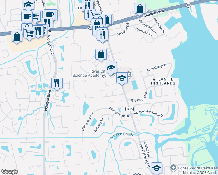 map of restaurants, bars, coffee shops, grocery stores, and more near 13565 Lobo Court in Jacksonville