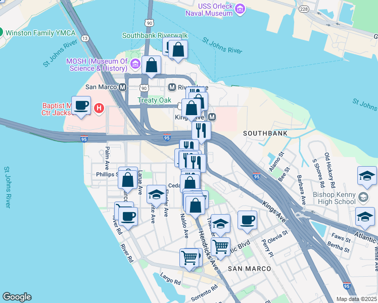 map of restaurants, bars, coffee shops, grocery stores, and more near 1245-1399 Naldo Ave in Jacksonville