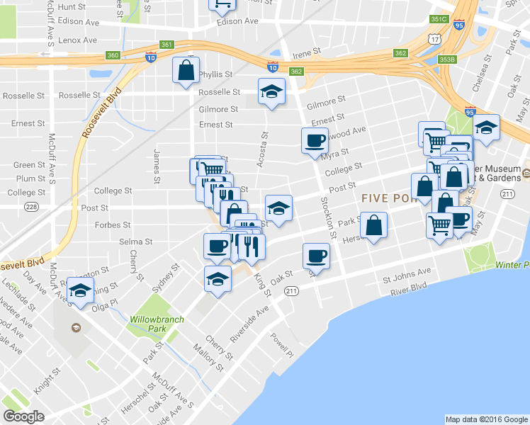 map of restaurants, bars, coffee shops, grocery stores, and more near 2627 Post Street in Jacksonville