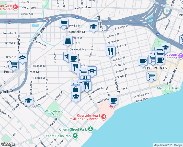 map of restaurants, bars, coffee shops, grocery stores, and more near 2627 Post Street in Jacksonville