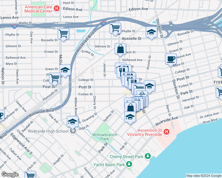map of restaurants, bars, coffee shops, grocery stores, and more near 2769 Post Street in Jacksonville