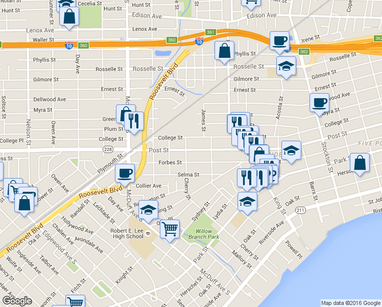 map of restaurants, bars, coffee shops, grocery stores, and more near 2861 Post Street in Jacksonville
