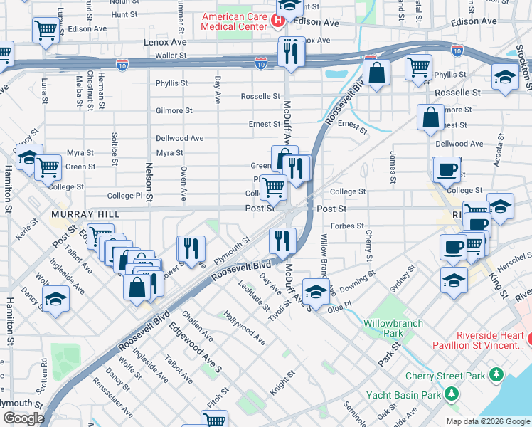 map of restaurants, bars, coffee shops, grocery stores, and more near 3033 Post Street in Jacksonville