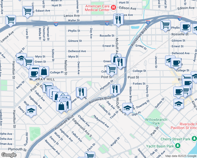map of restaurants, bars, coffee shops, grocery stores, and more near 3109 Post Street in Jacksonville