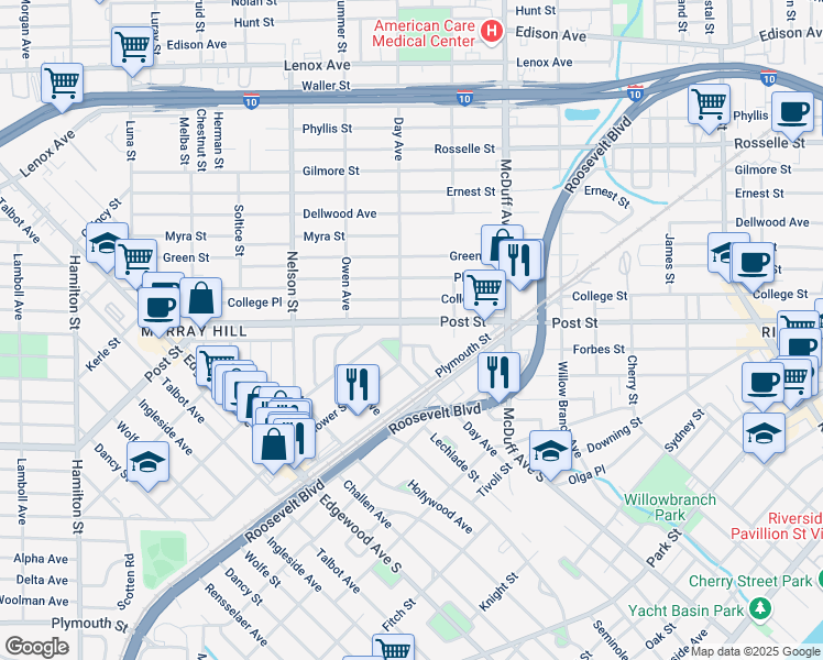 map of restaurants, bars, coffee shops, grocery stores, and more near 3157 Post Street in Jacksonville