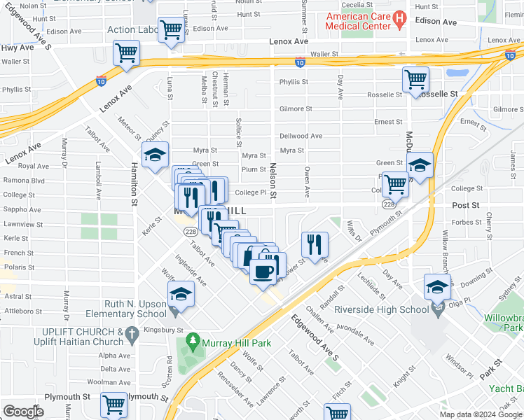 map of restaurants, bars, coffee shops, grocery stores, and more near 936 Nelson Street in Jacksonville