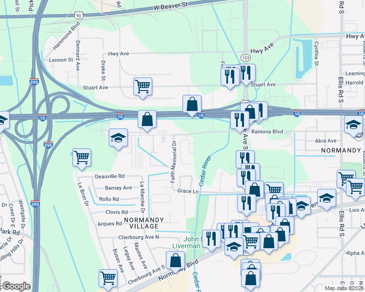 map of restaurants, bars, coffee shops, grocery stores, and more near 702 Bent Baum Road in Jacksonville