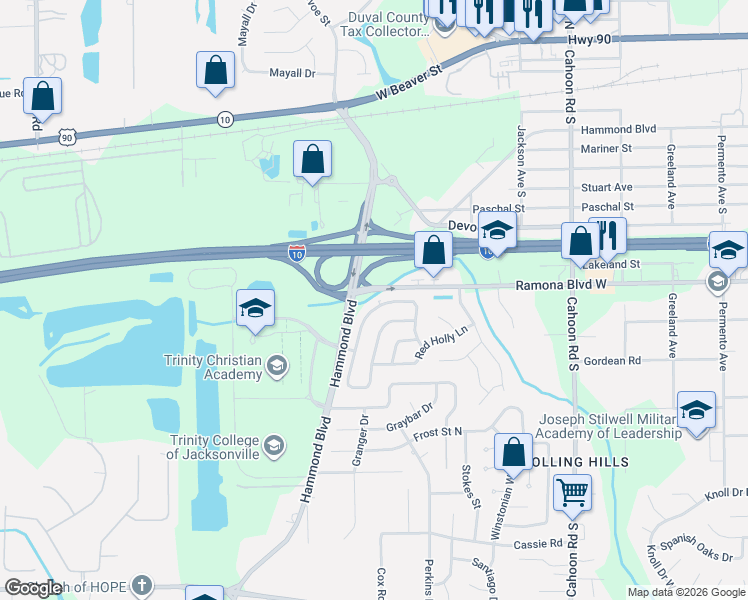 map of restaurants, bars, coffee shops, grocery stores, and more near 714 Hammond Boulevard in Jacksonville