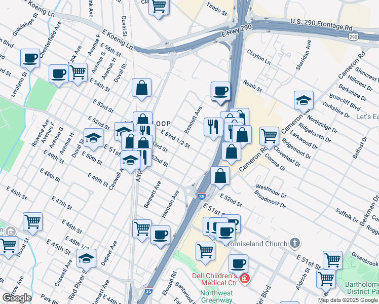 map of restaurants, bars, coffee shops, grocery stores, and more near 927 East 53rd 1/2 Street in Austin