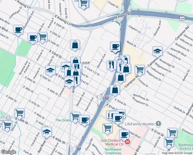 map of restaurants, bars, coffee shops, grocery stores, and more near 927 East 53rd 1/2 Street in Austin